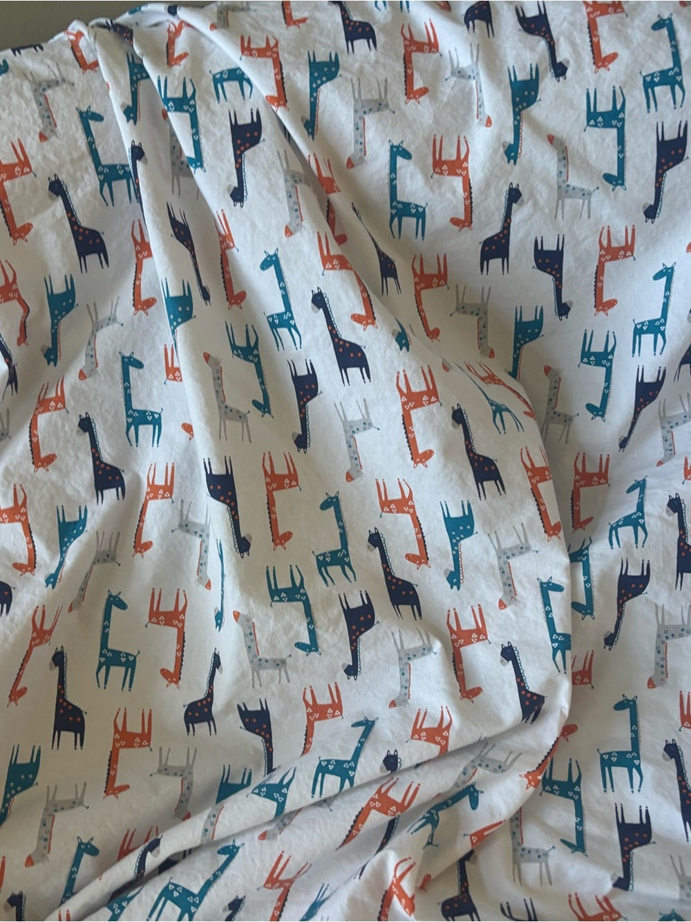 Pottery Barn Giraffe Organic Cotton Crib/Cot Sheet Teal Grey Navy & Coral